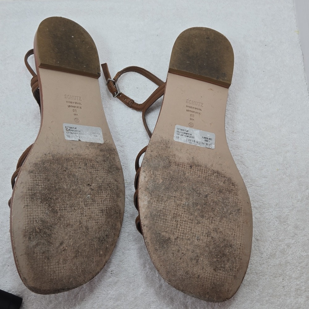 Schutz Octavia Flat Sandals Womens 9 Brown Leather Caged Strappy Minimalist Braz - Picture 10 of 16